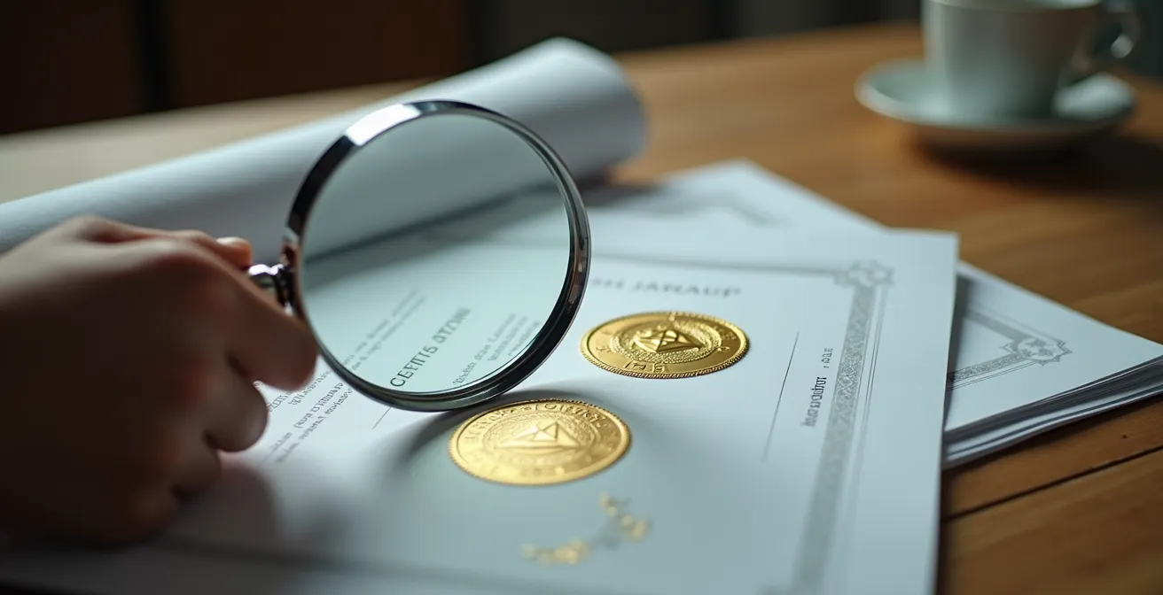 Main tenant une loupe examinant des certificats professionnels avec motifs géométriques abstraits